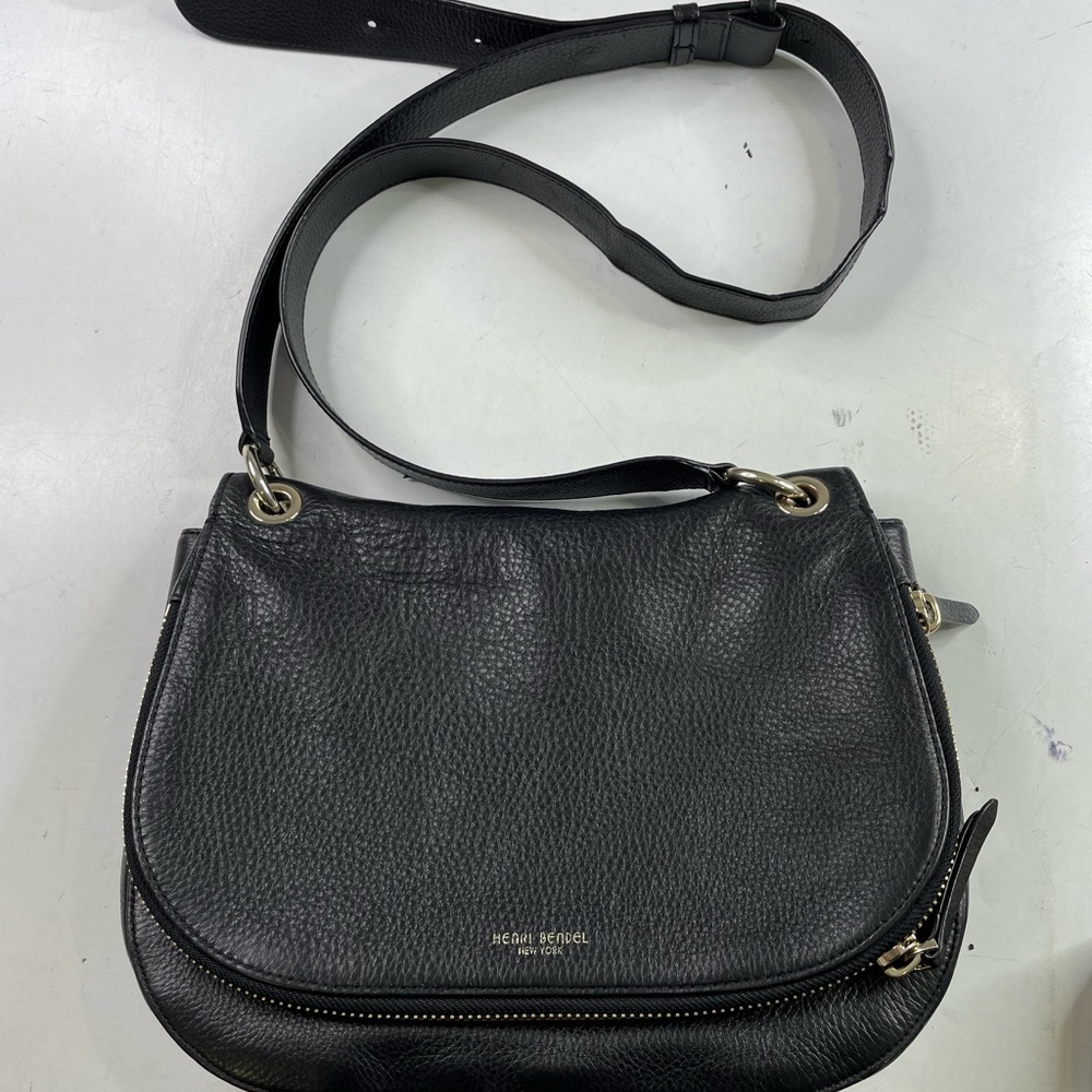 Henri Bendel Black Pebble Leather Zipper Flap Handbag Messenger Satchel Bag